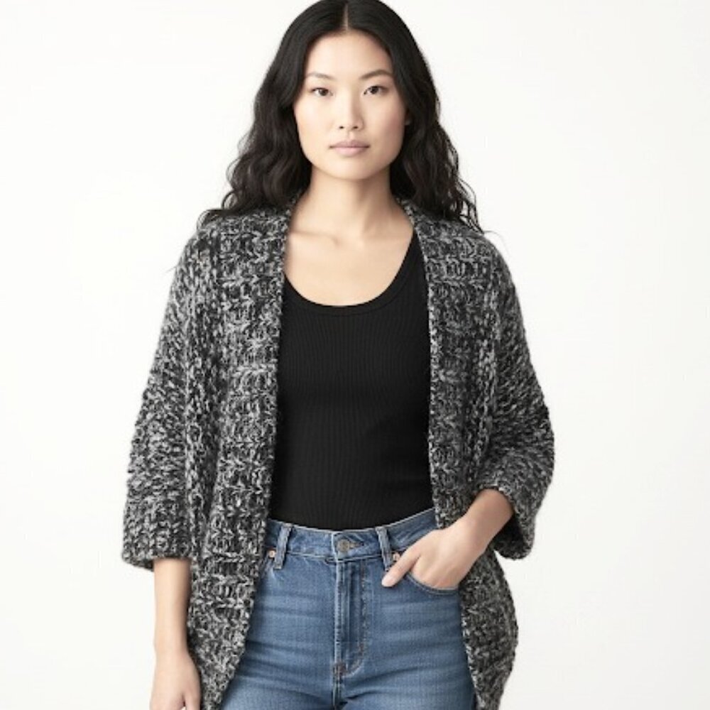 Fluxus Wool Alpaca Blend Shawl Salt & Pepper Knit Woven Chunky Oversized Coat XS